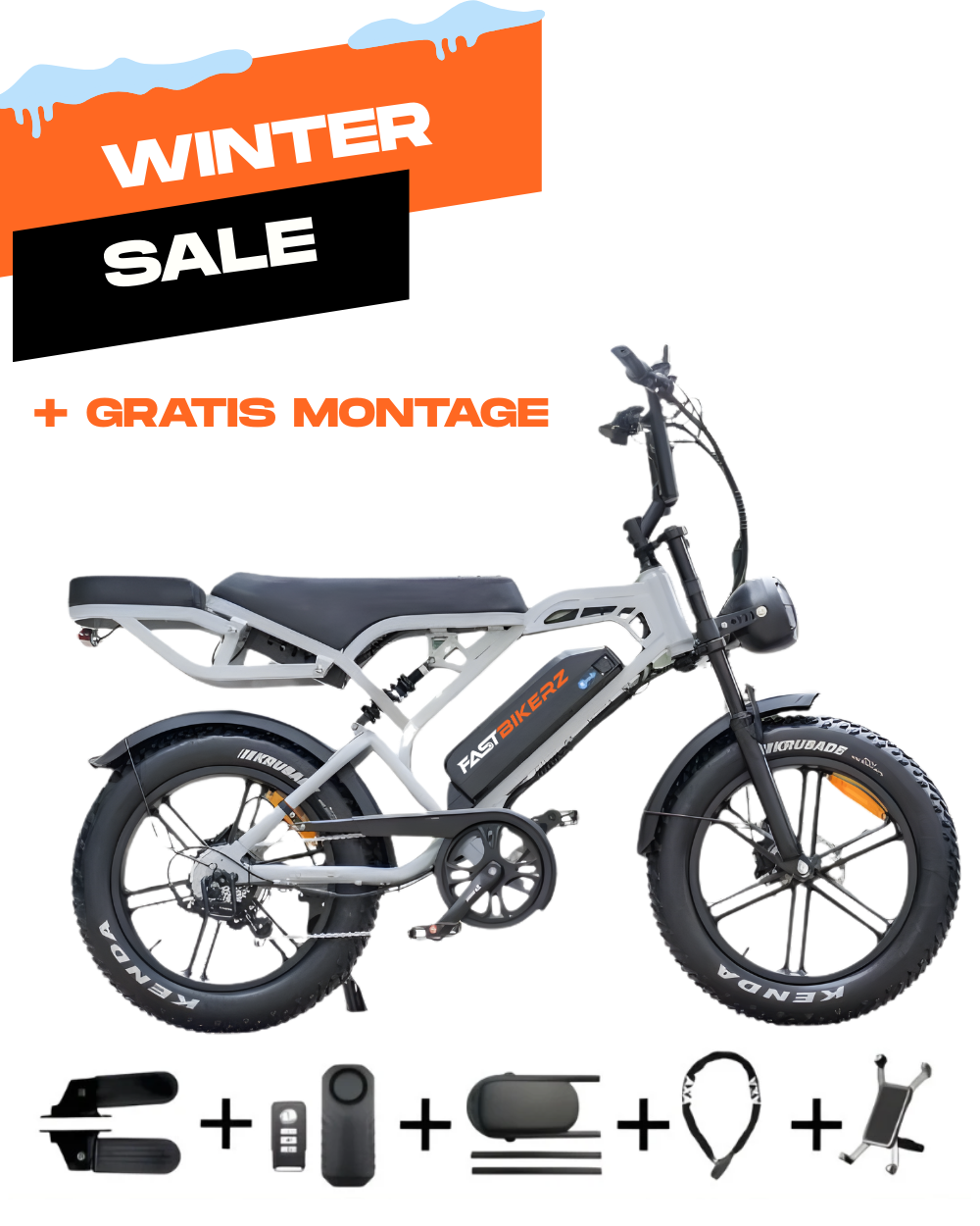 Fatbike COMBIDEAL - FastBikerz V20PRO 9.0 Nardo Grey + Achterzitje + Voetsteuntjes + Alarm + Slot + Telefoonhouder