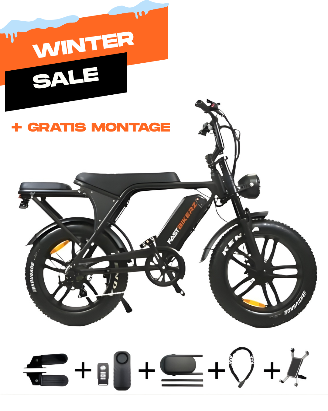 Fatbike COMBIDEAL - Ouxi V8 6.0 (C80) Zwart + achterzitje + voetsteuntjes + Alarm + Slot + Telefoonhouder