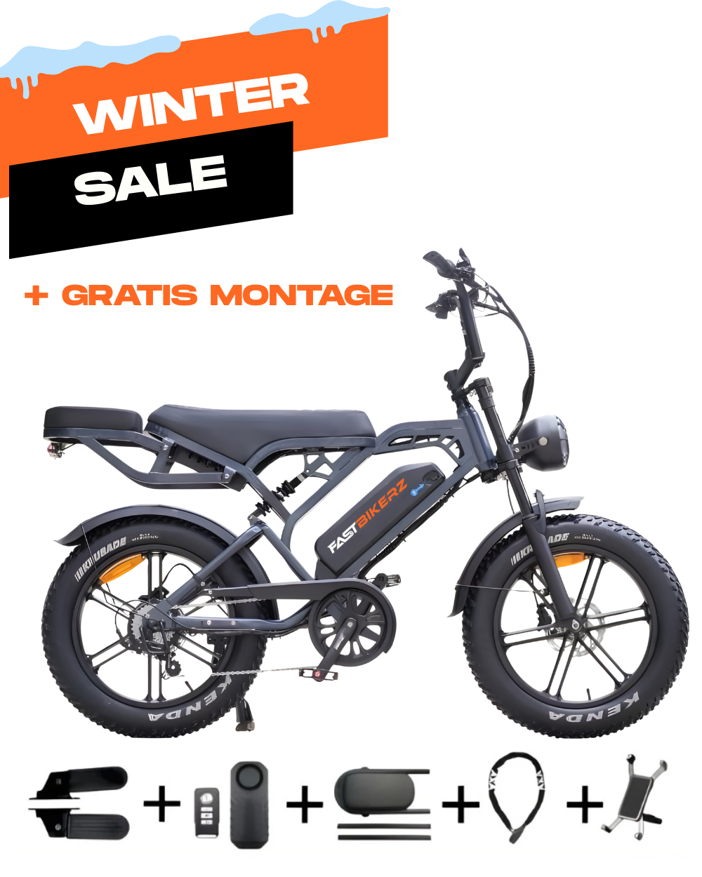 Fatbike COMBIDEAL - FastBikerz V20PRO 9.0 Dark Grey + Achterzitje + Voetsteuntjes + Alarm + Slot + Telefoonhouder