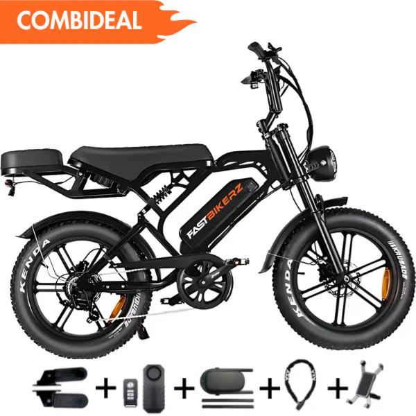 Fatbike COMBIDEAL - FastBikerz V20PRO 9.0 Zwart + Achterzitje + Voetsteuntjes + Alarm + Slot + Telefoonhouder