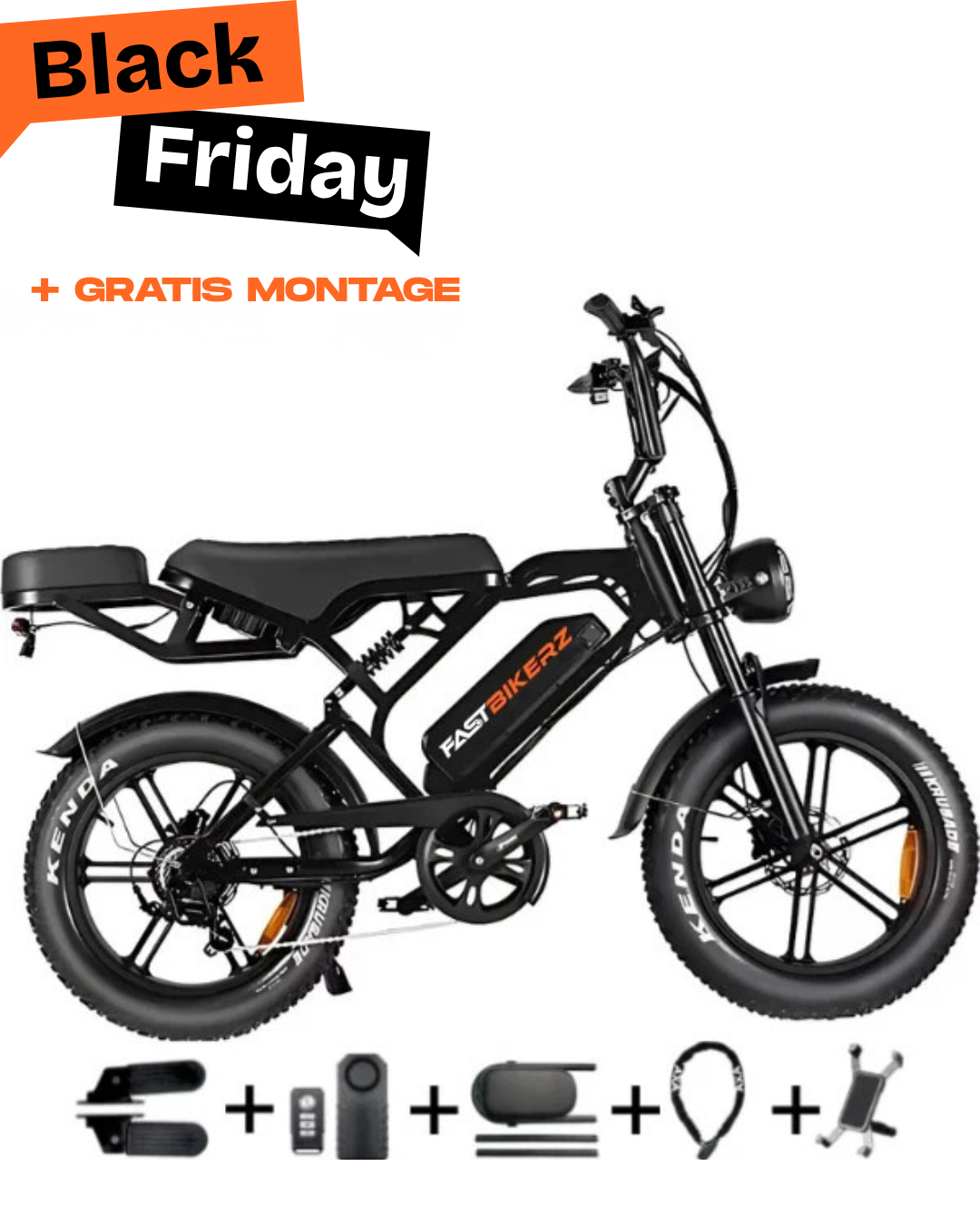 Fatbike COMBIDEAL - FastBikerz V20PRO 9.0 Zwart + Achterzitje + Voetsteuntjes + Alarm + Slot + Telefoonhouder
