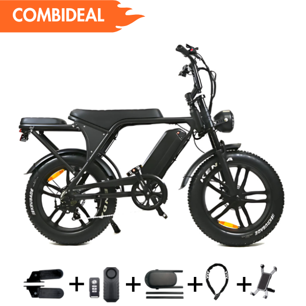 Fatbike COMBIDEAL - Ouxi V8 5.0 (C80) Zwart + achterzitje + voetsteuntjes + Alarm + Slot + Telefoonhouder