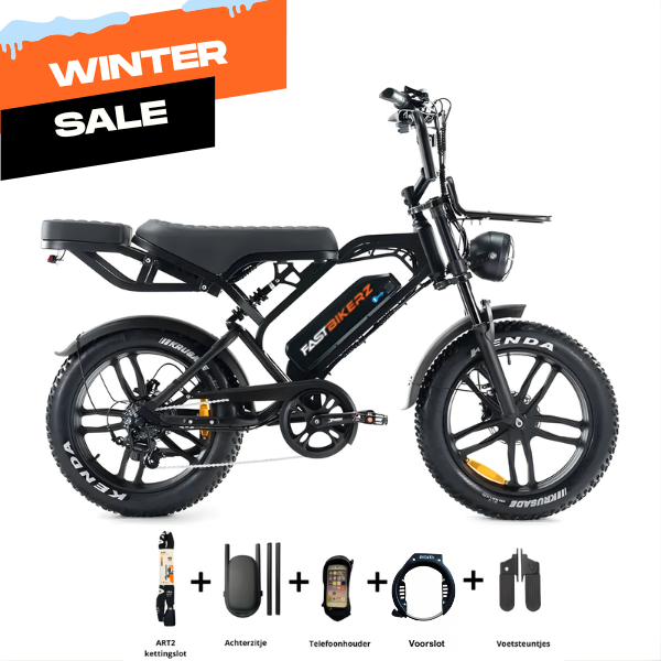 Fatbike COMBIDEAL - FastBikerz V20PRO 9.0 Zwart + Achterzitje + Voetsteuntjes + Voorslot + Slot + Telefoonhouder