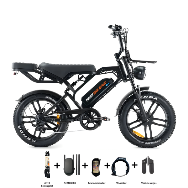 Fatbike COMBIDEAL - FastBikerz V20PRO 9.0 Zwart + Achterzitje + Voetsteuntjes + Voorslot + Slot + Telefoonhouder