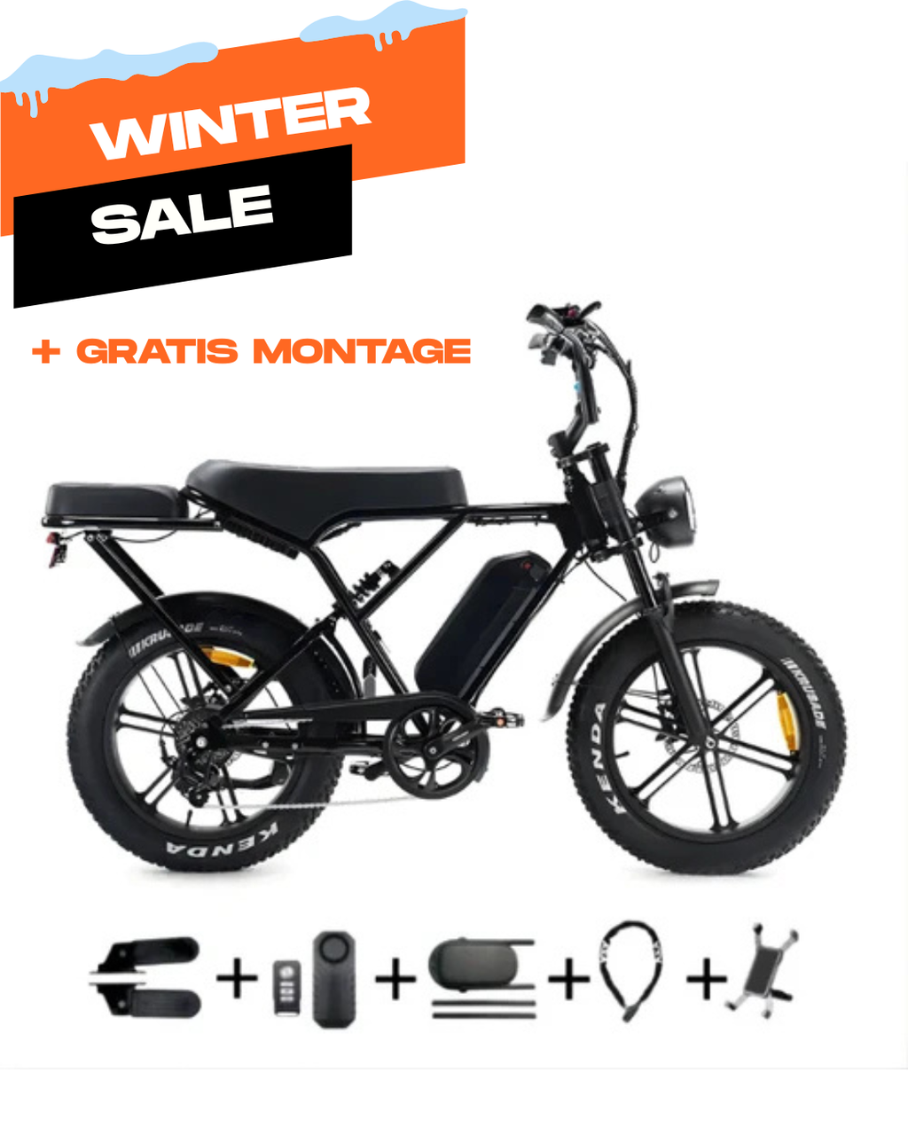 Fatbike COMBIDEAL - Ouxi H9 Zwart + achterzitje + voetsteuntjes + Alarm + Slot + Telefoonhouder