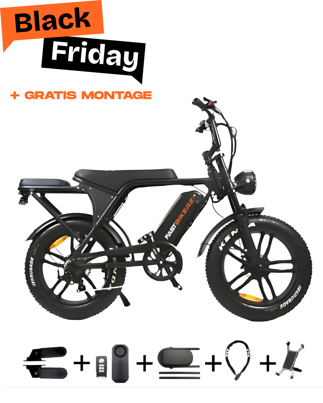 Fatbike COMBIDEAL - Ouxi V8 6.0 (C80) Zwart + achterzitje + voetsteuntjes + Alarm + Slot + Telefoonhouder