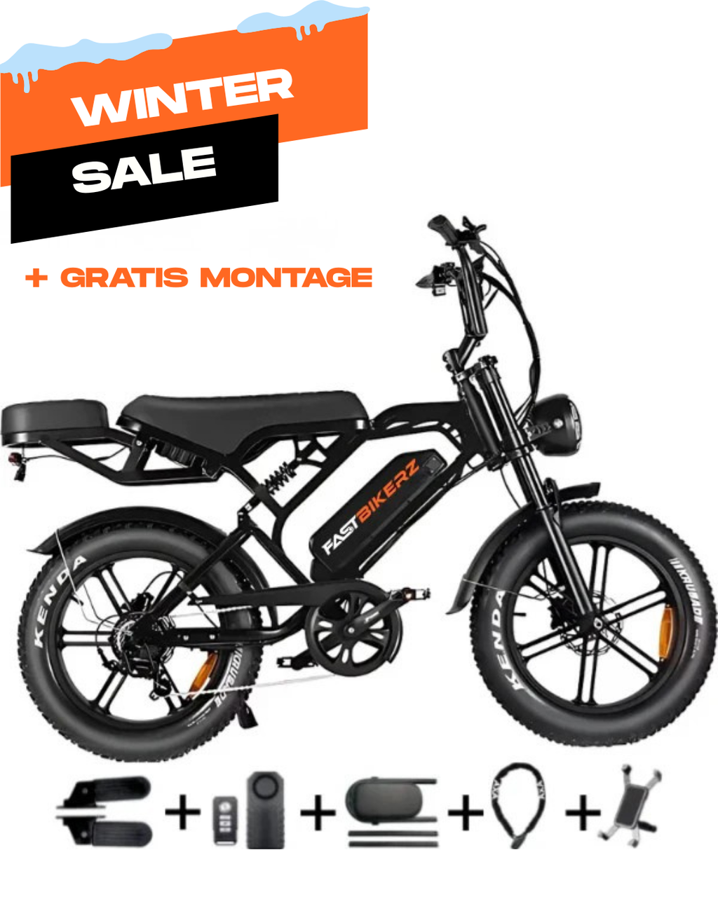 Fatbike COMBIDEAL - FastBikerz V20PRO 9.0 Zwart + Achterzitje + Voetsteuntjes + Alarm + Slot + Telefoonhouder