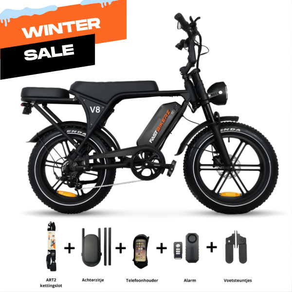 Fatbike COMBIDEAL - Ouxi V8 6.0 (C80) Zwart + achterzitje + voetsteuntjes + Alarm + Slot + Telefoonhouder