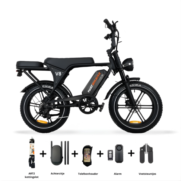 Fatbike COMBIDEAL - Ouxi V8 6.0 (C80) Zwart + achterzitje + voetsteuntjes + Alarm + Slot + Telefoonhouder