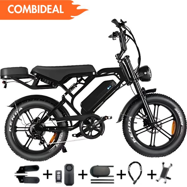 Fatbike COMBIDEAL - FastBikerz V20PRO 7.0 Zwart + Achterzitje + Voetsteuntjes + Alarm + Slot + Telefoonhouder