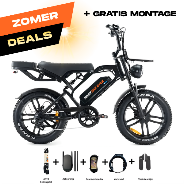 Fatbike COMBIDEAL - FastBikerz V20PRO 9.0 Zwart + Achterzitje + Voetsteuntjes + Voorslot + Slot + Telefoonhouder