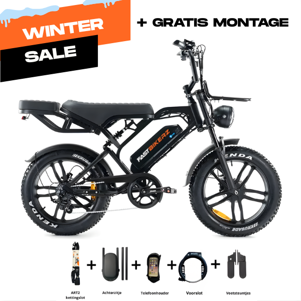 Fatbike COMBIDEAL - FastBikerz V20PRO 9.0 Zwart + Achterzitje + Voetsteuntjes + Voorslot + Slot + Telefoonhouder