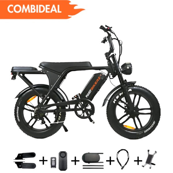 Fatbike COMBIDEAL - Ouxi V8 5.0 (C80) Zwart + achterzitje + voetsteuntjes + Alarm + Slot + Telefoonhouder